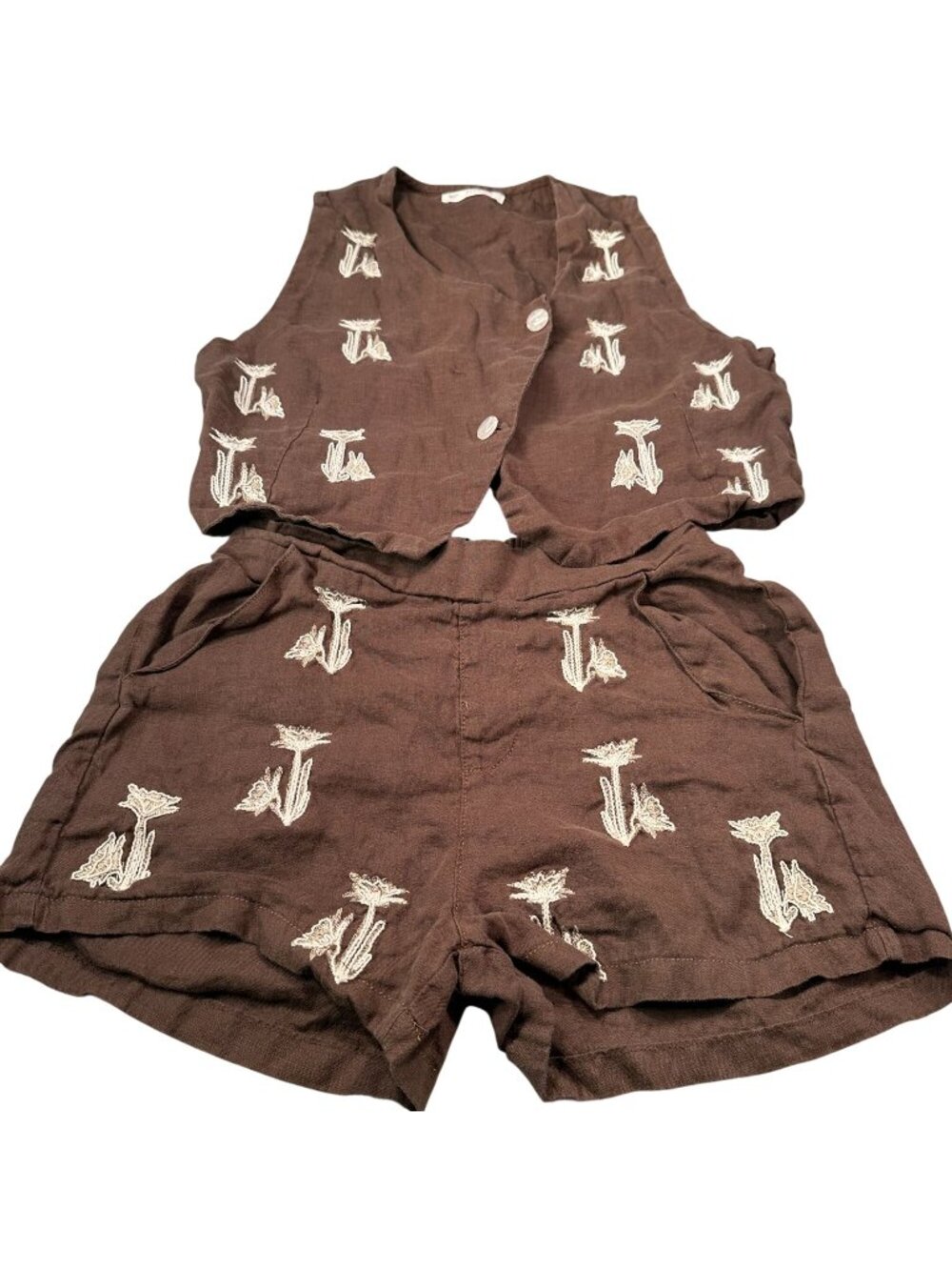 Tns Tennis Linen Vest Short Set Womens Embroidered Button Boho Floral READ
